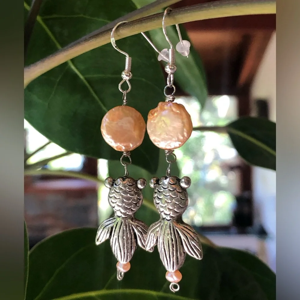 HAND CRAFTED Koi Goldfish Charm Pink Coin / Baroque Pearl Drop Silver Earrings